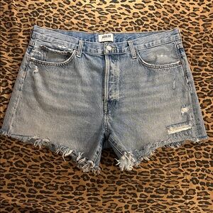 Agolde Light Blue Frayed Hem Jean Shorts